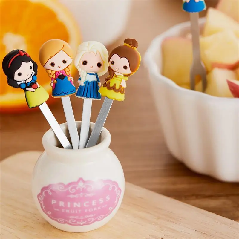 6pcs Disney Princess Series Stainless Steel Fruit Forks Set Cute Cartoon Snow White Ariel Cinderella Kids Dessert Party Fork Set