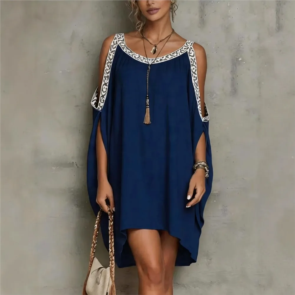 

Elegant A-line Dress Dresses For Ladies Vestidos Woman Temperament Off Shoulder Loose Contrast Solid Color Hollow Out Sleeveless