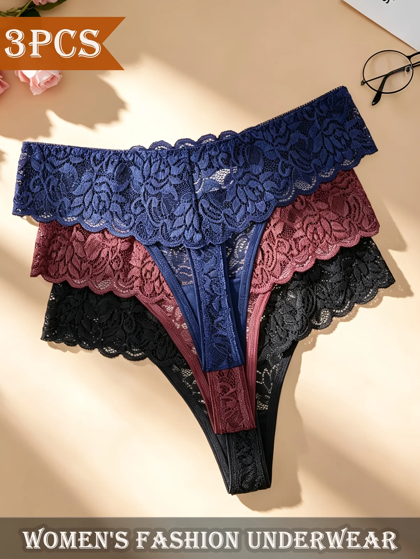 3pcs Women's Panties, Solid Color Lace Floral Trim G-Strings, Comfortable And Skin-Friendly Ladies Thongs, Daily Underwear