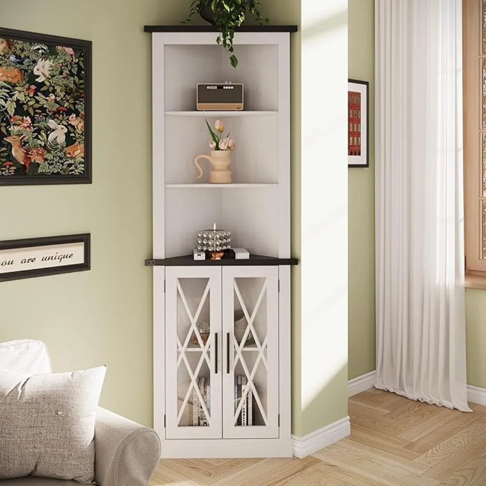 

Tall Corner Cabinet with 2 Glass Doors, Modern Storage Cabinet with Adjustable Shelves, Corner Display Cabinet for Living Room