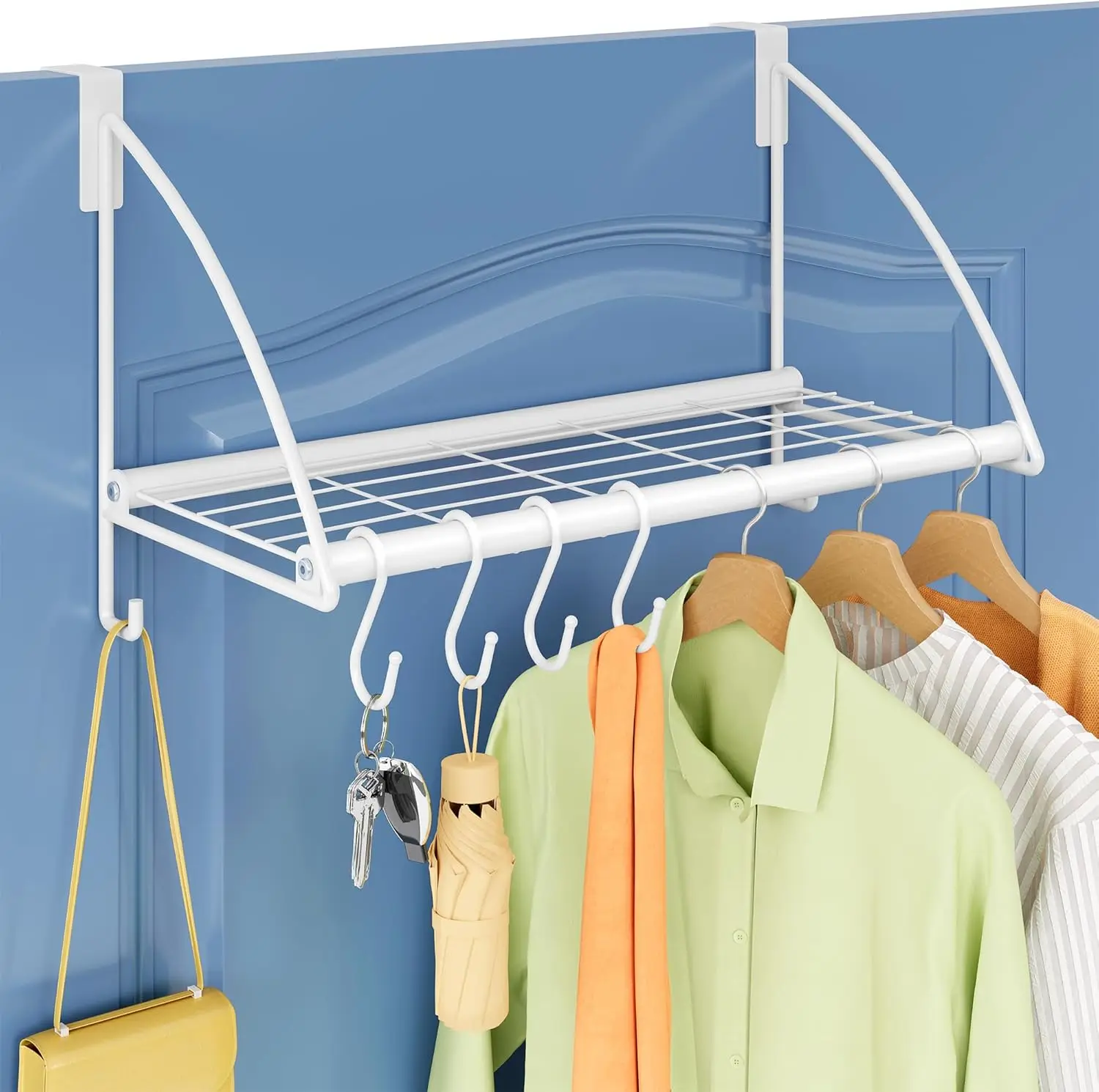 

Over The Door Hanger with Storage Rack and 6 Hooks, Over The Door Clothes Rack for Hanging Coat, Over Door Clothes Hange