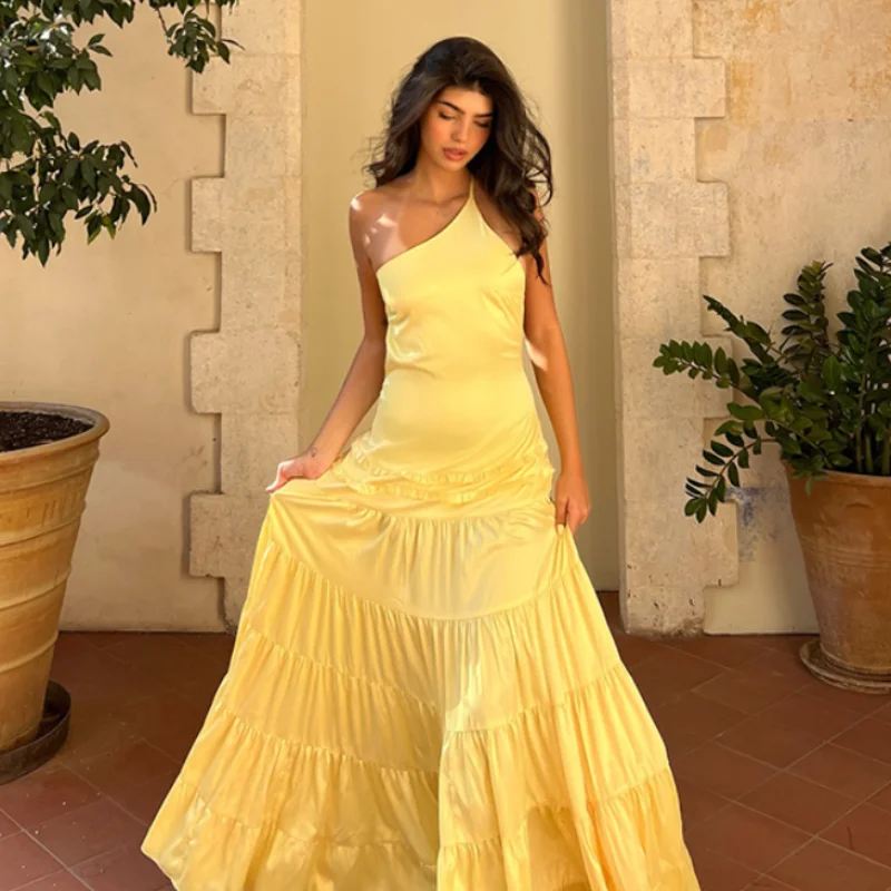 

Элегантное желтое длинное платье-сарафан с открытыми плечами и открытой спиной, с завышенной талией, модное, для отпуска, пляжного стиля, вечернее, праздничное
