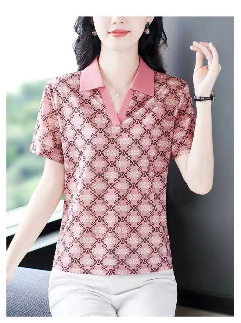 ความกว้างไหล่ผ้าฝ้ายขนาดใหญ่ Mom Top แฟชั่นพิมพ์ Dopamine เสื้อโปโลอินเทรนด์เสื้อยืดลดอายุ