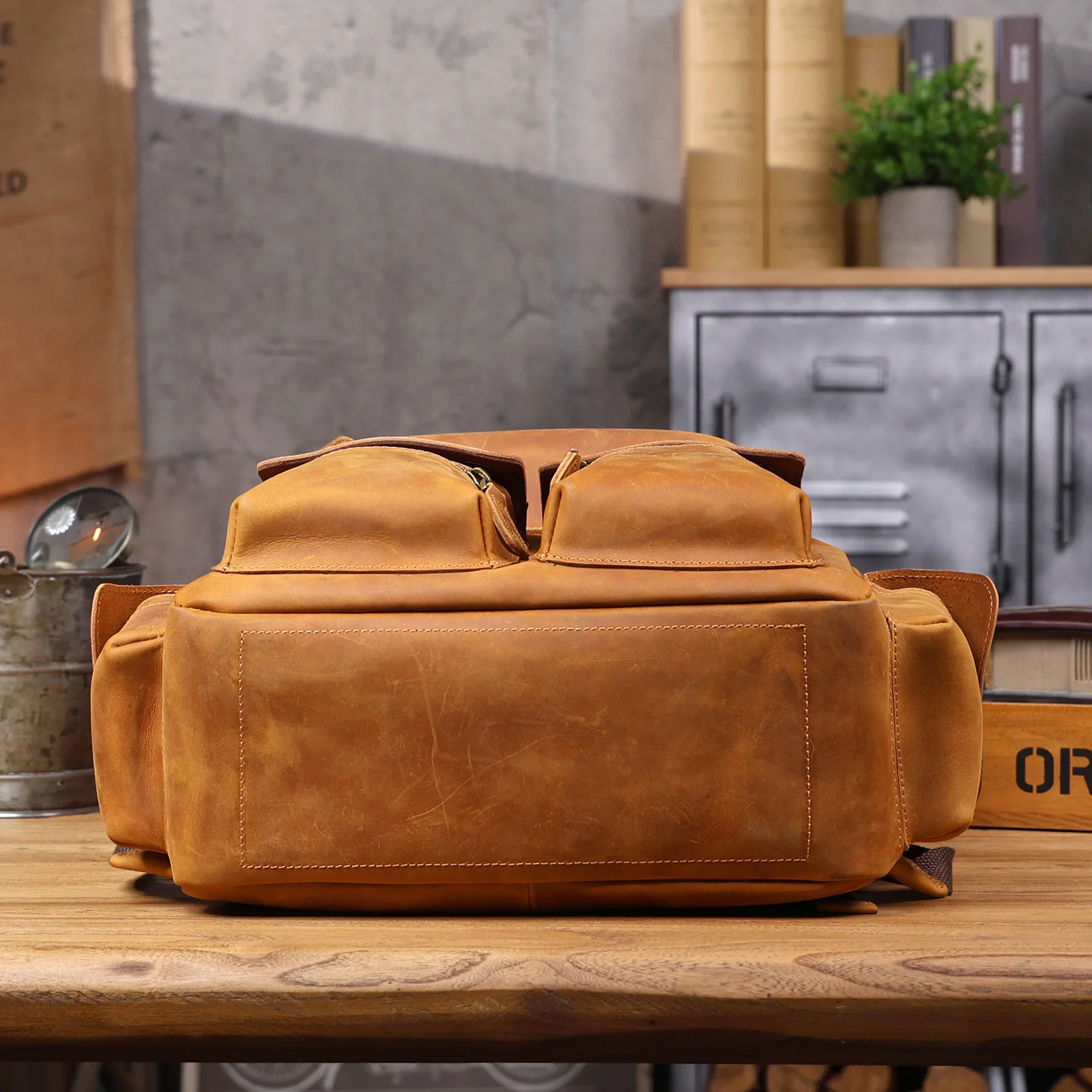 S.WORKER Vintage Echtleder Herrenrucksack Laptop-Tasche Vintage Freizeittasche Outdoor-Reise-Weekender-Tasche – Detail 10