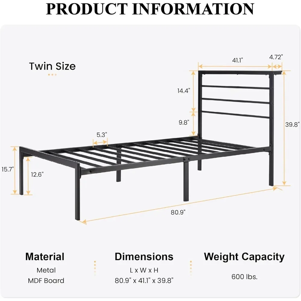 Twin Size Bed Frame with Headboard Shelf, Heavy Duty Platform Bed Frame with Strong Metal Foundation, No Box Spring Needed,Black