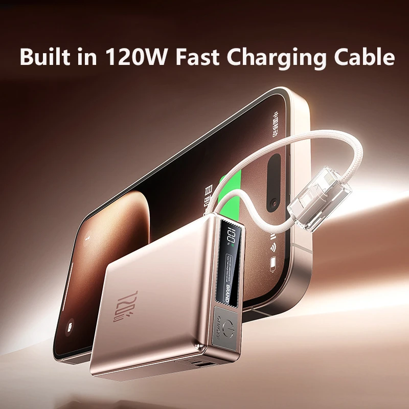 20000mAh Power Bank 120W Super Fast Charging For iPhone 16 15 Samsung Xiaomi Portable External Battery Powerbank Built in Cable