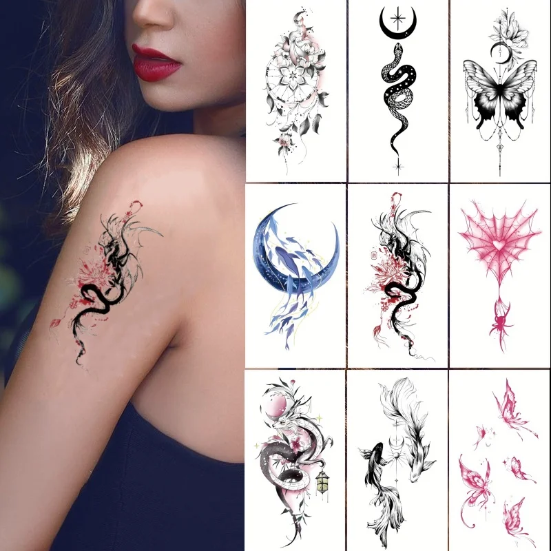 10pcs Watercolor Tiny Temporary Tattoo for Women Girls Lady Snake Koi Fish Moon Transfer Fake Tattoss Finger Hand Wrist Tatuajes