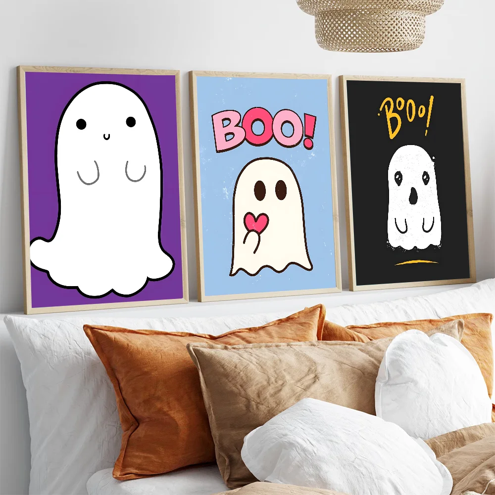 Póster bonito de pequeño fantasma, impresiones de galería, decoración autoadhesiva para el hogar, calcomanías de pared, pegatina para el salón