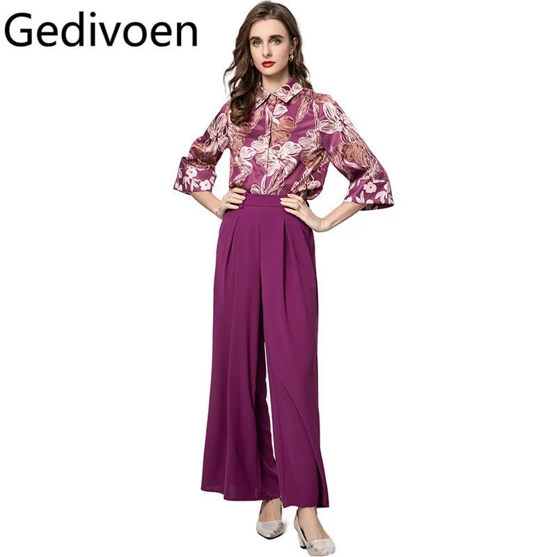 

Gedivoen, Новое поступление лета, женский костюм с отложным воротником, топы с половиной рукавов + однотонные прямые брюки, комплект из 2 предметов