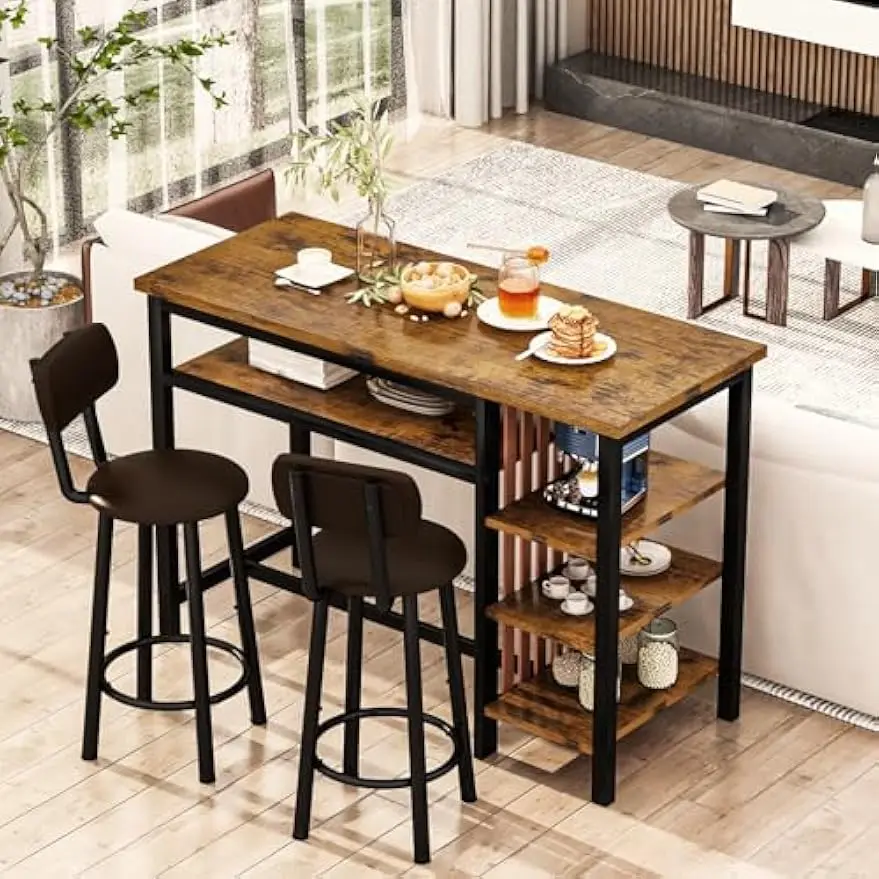Recaceik Counter Height Dining Set - Bar Table and 2 Upholstered Stools with Storage Shelves, Kitchen Breakfast Nook Pub Set