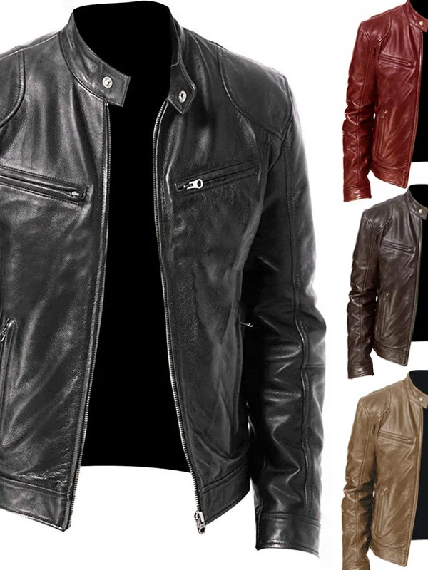 

Men's Busin PU Leather Jaet Slim Fit Stand Collar Long Sle Faionable Simplici Design Autumn Winter Coat for Men