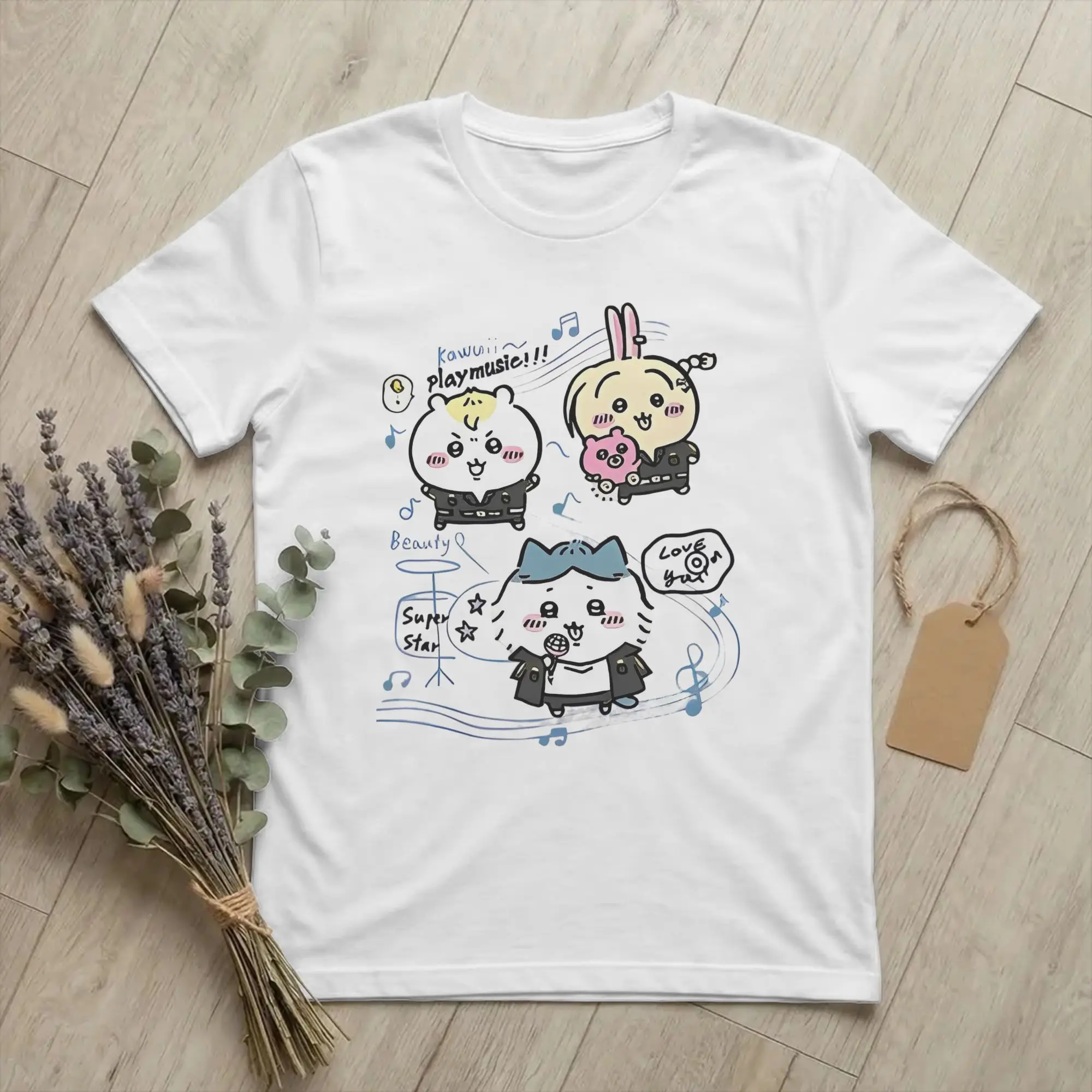 Men Women Chiikawas Usagi Music T Shirts  Pure Cotton Clothing Humorous Short Sleeve Round Neck Tees Gift Idea T-Shirt