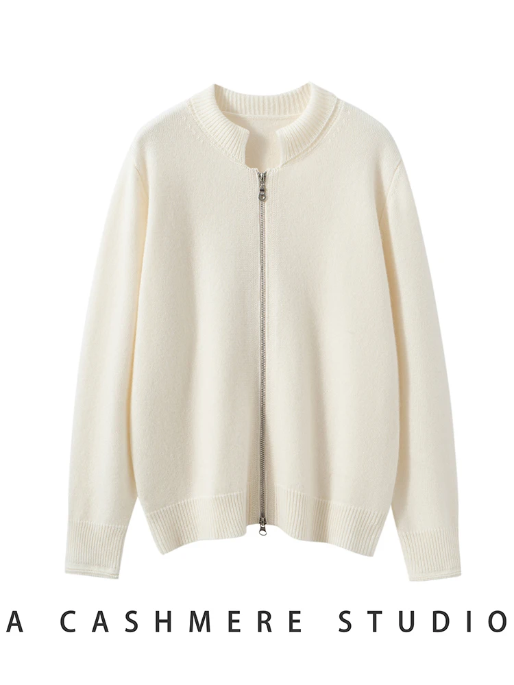 TLOML النساء 100% سترة الكشمير المعنقة الرجعية شل طوق مزدوجة سستة سترة سترة معطف الخريف الشتاء سميكة الكشمير فضفاض القمم