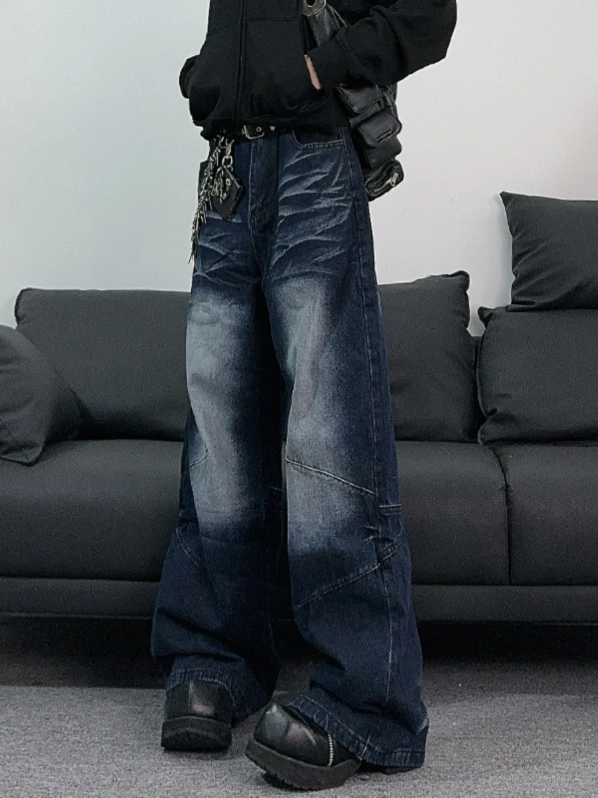 

Американские синие джинсовые брюки High Street, мужские винтажные уличные свободные широкие брюки длиной до пола, модные джинсы с манжетами