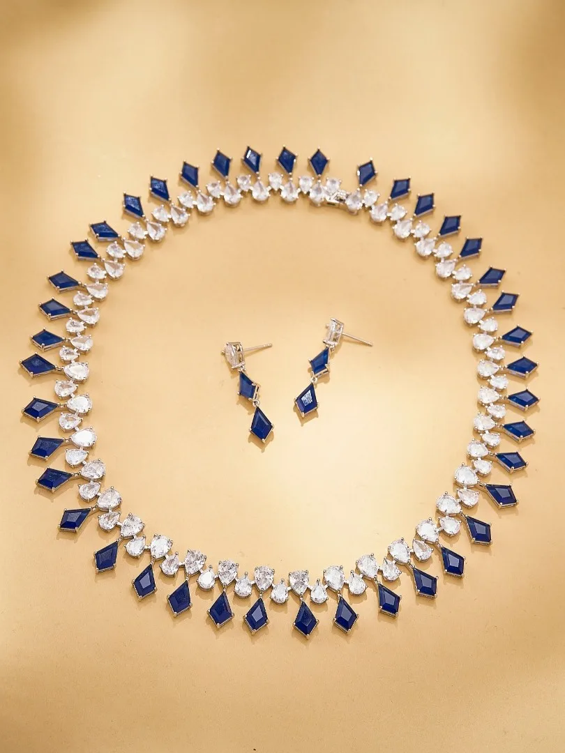 retro-luxury-imitation-sapphire-diamond-plated-necklace-earring-set-for-evening-ball-geometric-alloy-jewelry-set