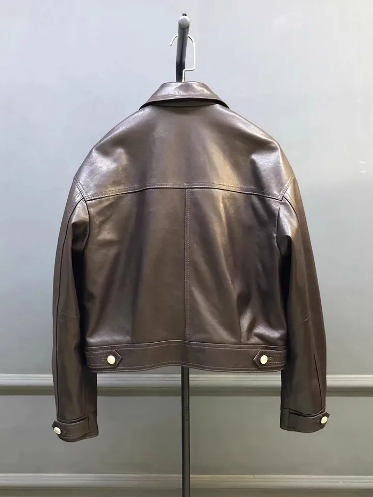 Designer Frauen Doppel Kragen Arbeit Jacke Vintage Schaffell Echtes Leder Jacke Herbst Lose Fit Motorrad Mantel Streetwear