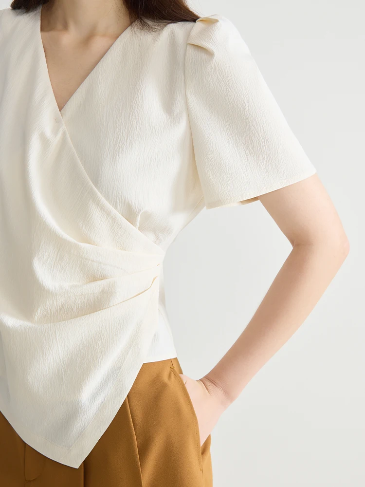 DUSHU Women Short Sleeve Chiffon Green Blouses V-Neck Temperament Summer Thin Office Lady Beige Short Shirt Tops 24DS82545