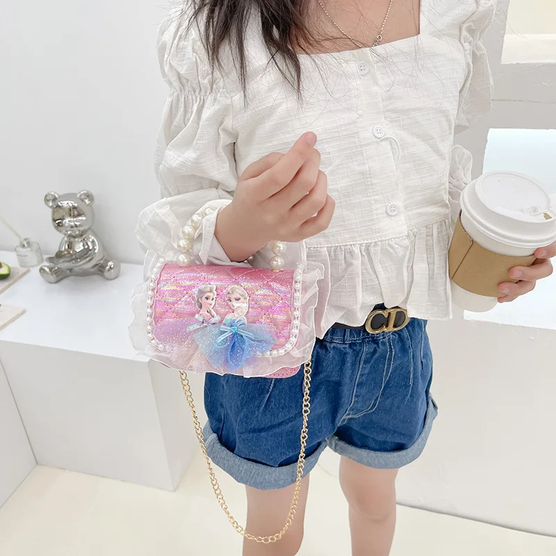 Korean Version Children Pearl Handbag Ins Girl Cartoon Disney Princess Elsa Trendy Chain Shoulder Crossbody Mini Small Bag Kids