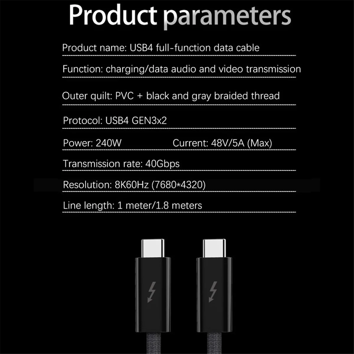 Cable de datos de carga rápida para iPhone, Cable USB tipo C a tipo C PD240W, para Thunderbolt 4, 40gbps, 8K60Hz, USB-C, 1M