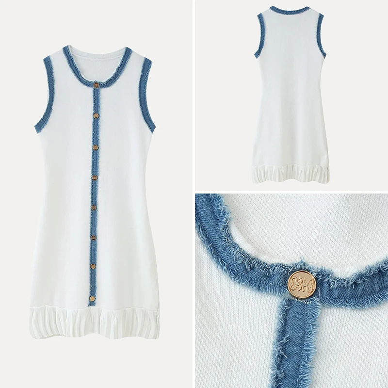 Primavera 2025 Mujer Faion redondo Ne empalmado Color borla Denim plisado tejido Dr Street Sle Svel poliéster