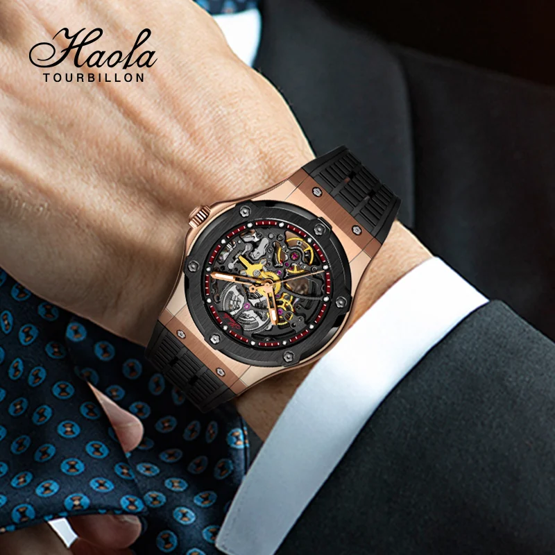 Haofa Skeleton Automatic Mechanical Watch for Men Hollow Sapphire Luminous Mens Watch Luxury Waterproof Business Casual Men 1913