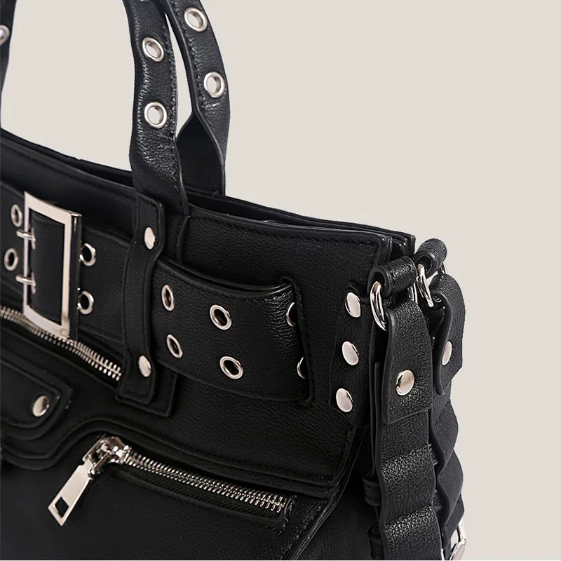 JIOMAY Women Black Goth Bag 2024 Fashion Woman Ladies Moto and Biker Style Shoulder Bag Rivet Belt Large Capacity Tote Bag