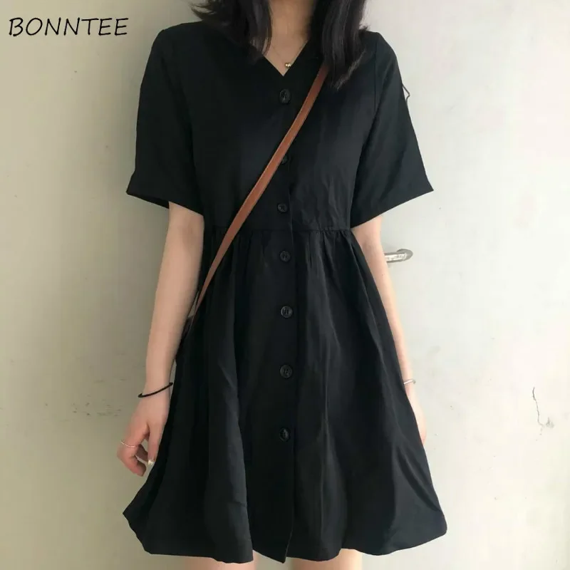 Dress Women A-line Pleated Black Dresses Preppy Style Harajuku V-neck Girls Summer Loose Hot Selling Simple Basic All-match Chic