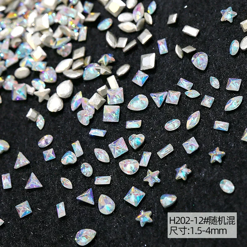 40pcs New Mini Nail Art Zircon Iridescent Aurora White Zircon Square Oval Star Heart-shaped Nail Decoration