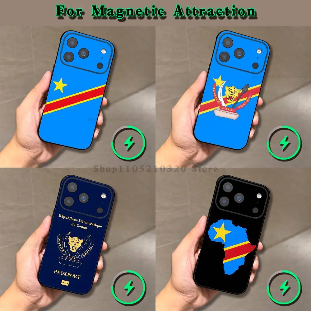 Democratic Republic Congo Flag Emblem Phone Case For iPhone 17,16,15,14,13,12,X,XS,Pro,Max,Plus,E,Air,Mini with Magnetic Frosted