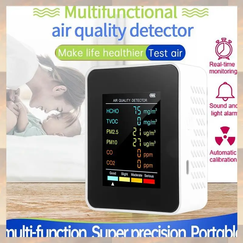 2025 جديد-3X 6 في 1 PM2.5 PM10 HCHO TVOC CO CO2 كاشف جودة الهواء CO CO2 الفورمالديهايد مراقب جهاز اختبار جودة الهواء المنزلي، أبيض