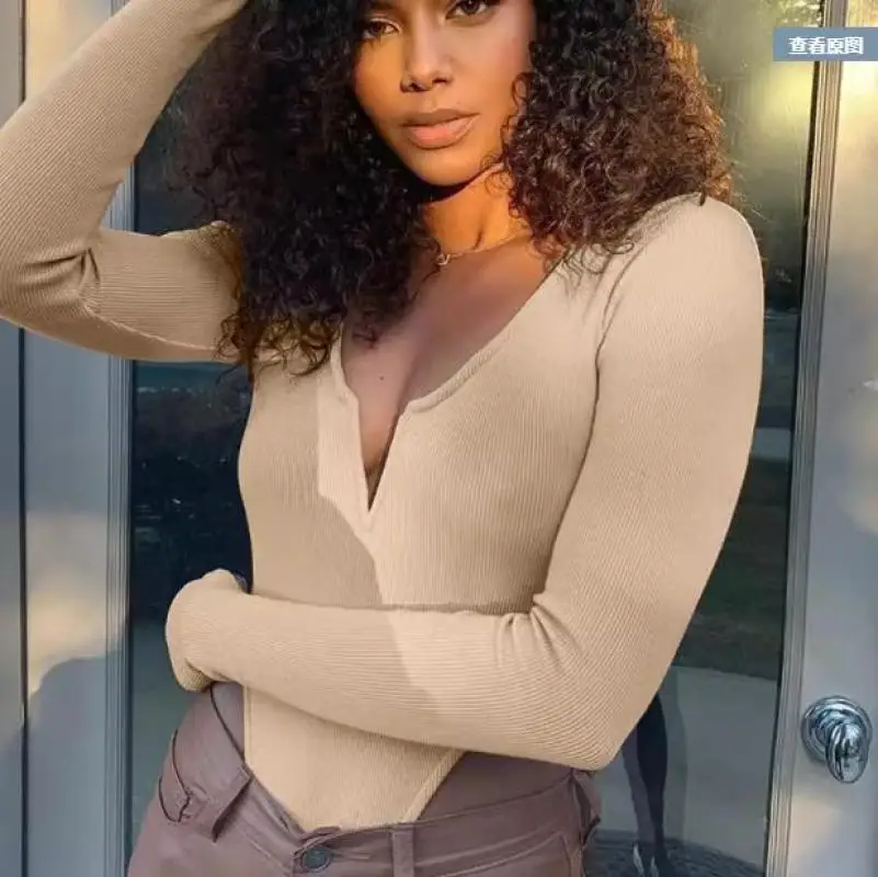Lady Playsuits Spring Autumn Sexy V-Neck Fashion Pit Strip Long Sleeve T-Shirt Tight Fresh Sweet Casual Versatile Jumpsuit Women