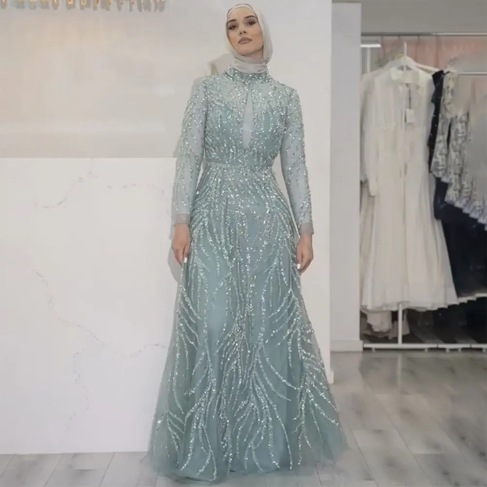 SERENE HILL Customized Muslim Turquoise Mermaid  Luxury Evening Dress Gown  Neck Beaded 2025  Women Party CLA71682