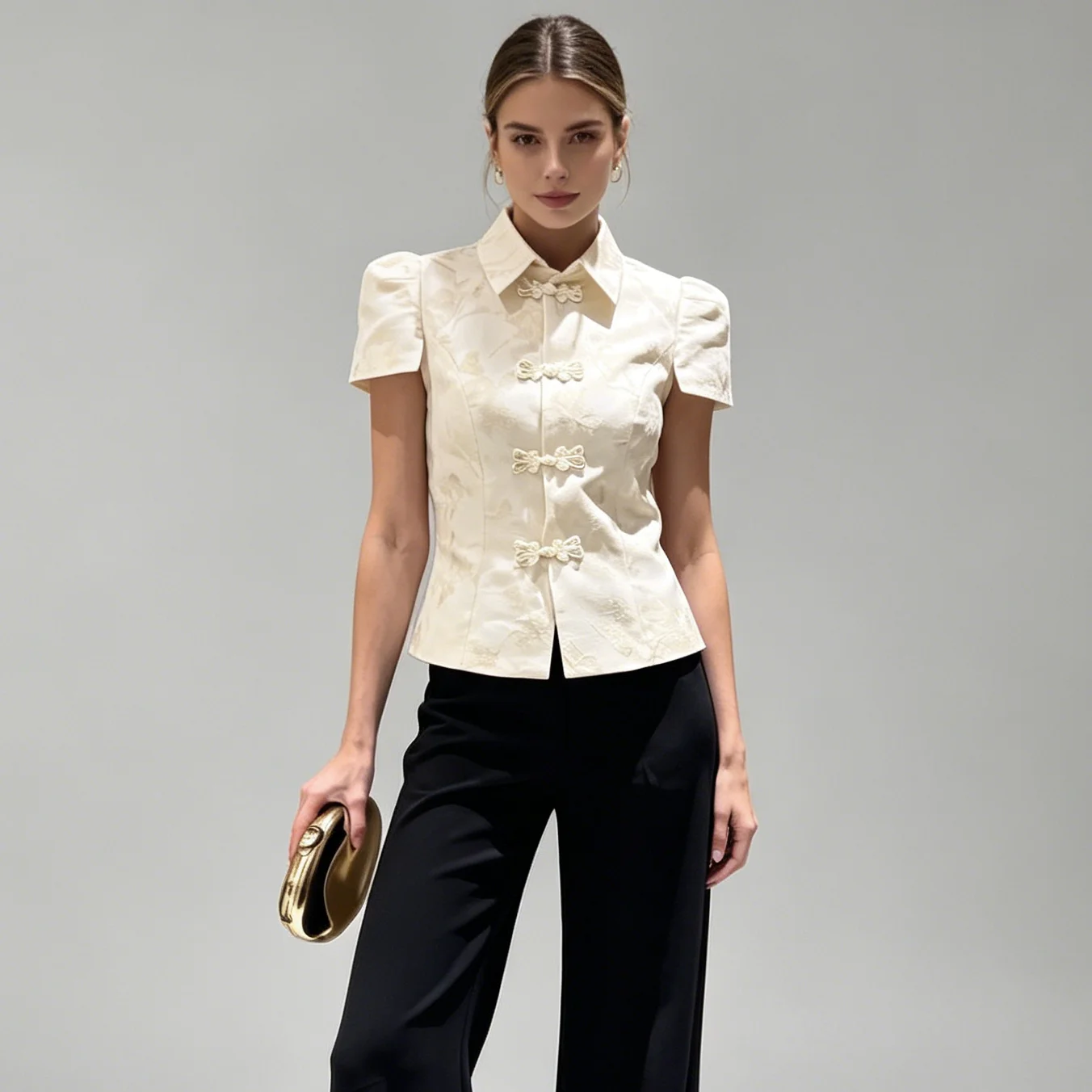 New Chinese Floral Jacquard Blouse Women Puff Coat Sleeve Frog Button Slim Fit Elegant Spring Summer Cropped