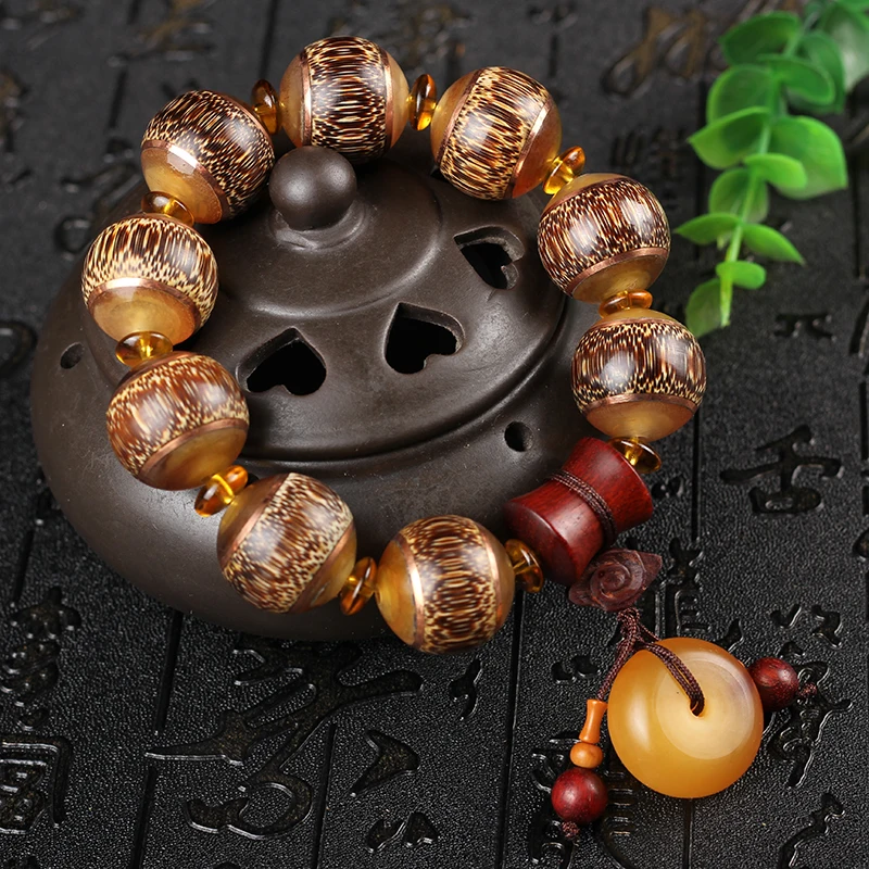 Natural Dragon Blood Stripp Bamboo Inlaid Horn 20mm round Beads Rosary Bracelet Yak Skull Peace Buckle Men's Bracelet