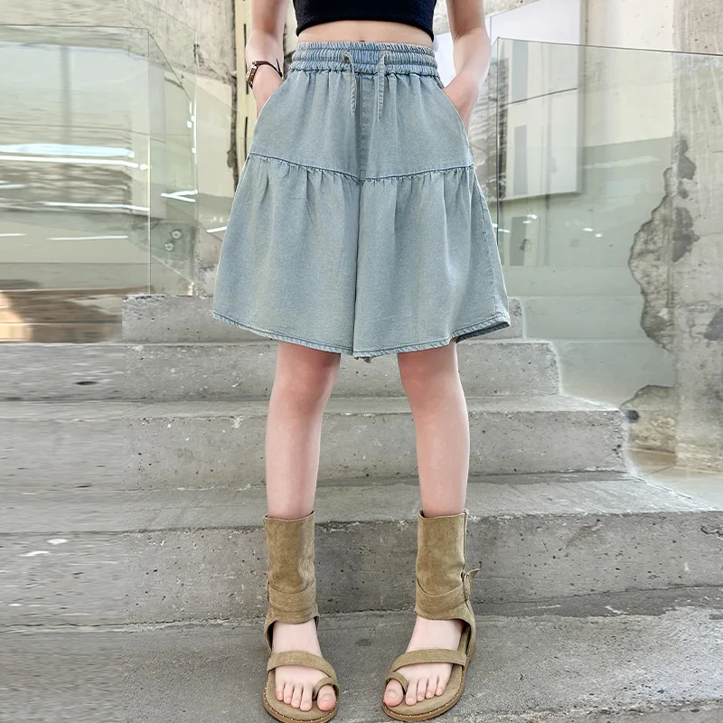 شورت جينز صيفي مرقع للفتيات، شورت فضفاض، تصميم تنورة، سروال رفيع بطول خمسة أرباع، تنورة للمراهقين عالية الخصر على شكل حرف A P