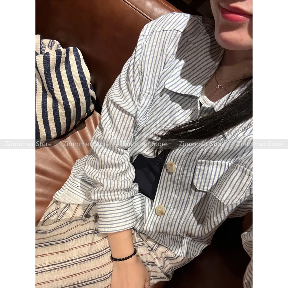 

Minimalist casual striped linen tops for women 2024 early autumn new short casual shirt jacket