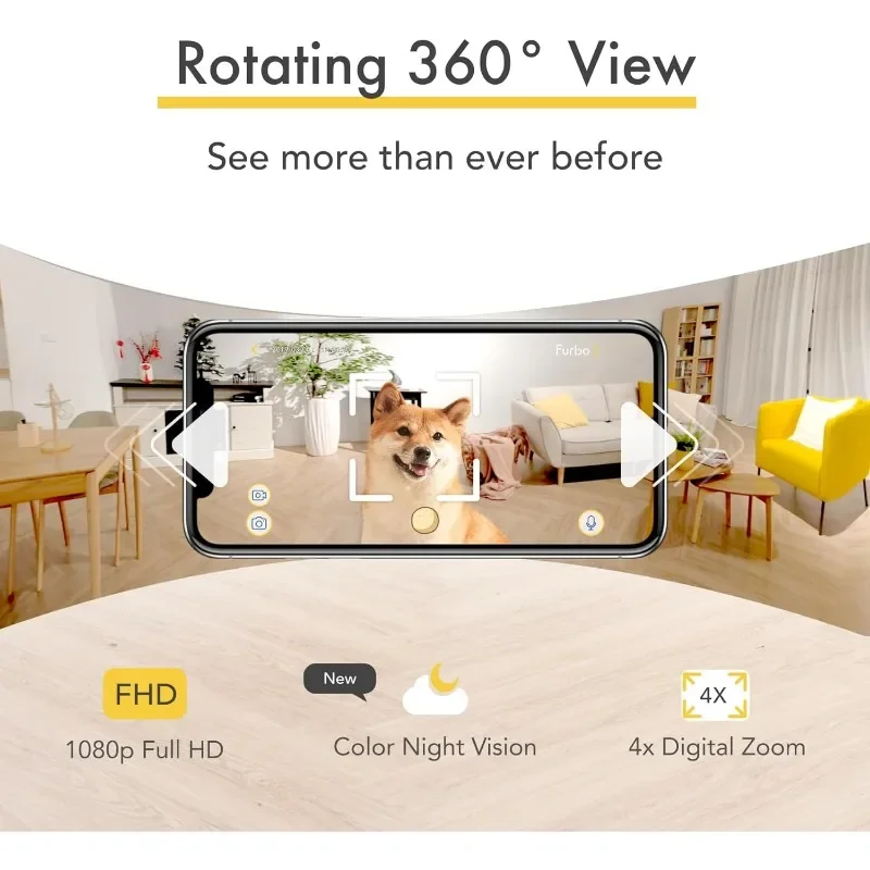 Furbo-cámara giratoria de 360 ° para perros, videocámara para mascotas con gran angular de visión de 360 °, con alertas de ladridos, WiFi, diseñada para perros