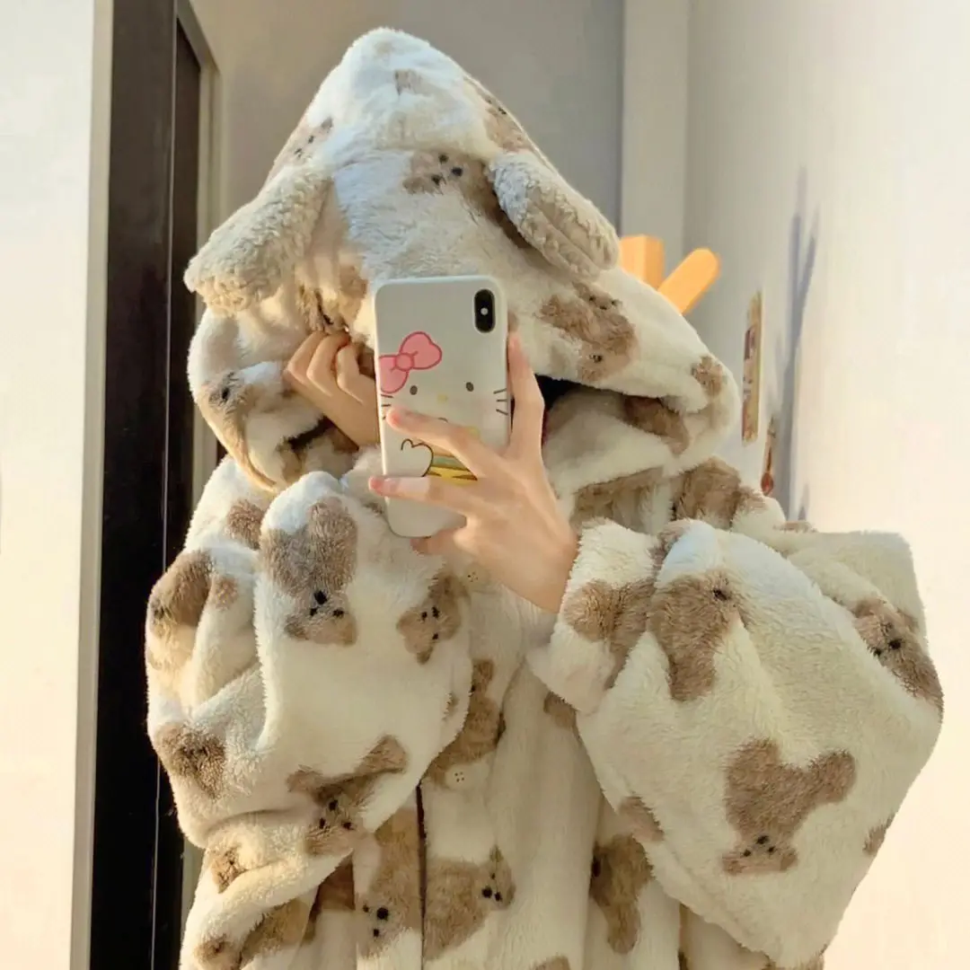 Cute Bear Coral Fleece Nightgown Women Winter Thickened Flannel Bathrobe Nightdress Girls Homewear Pajamas Robe with Pant Suit