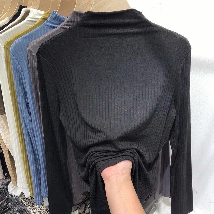 

plus Size 300 Pounds Women's Long Sleeve Base Shirt Korean Style Slim Fit Half High Collar T-Shirt Trendy Autumn Winter Versa...