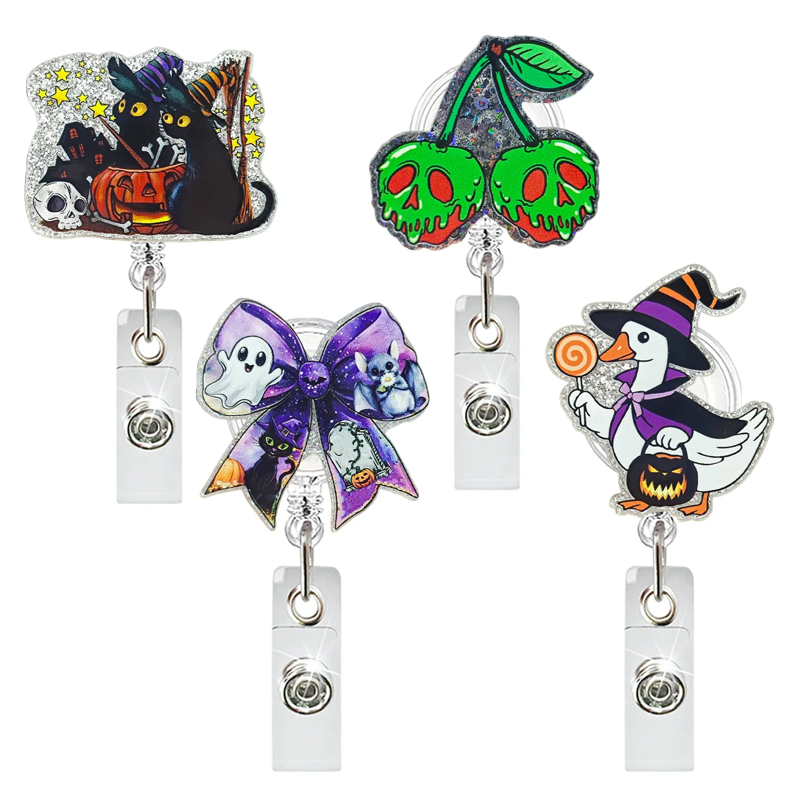 Halloween Cherry Bow Black Cat Ghost Doll Machine Acrylic Badge Reel Retractable Name Tag Alligator Clip ID Card Badge Holder