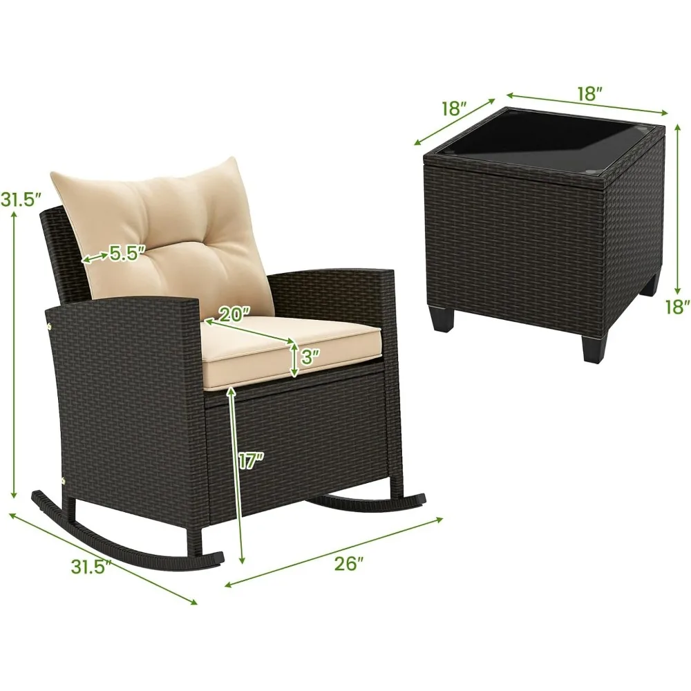 3 Piece Wicker Rocking Set, Patio Rattan Roker Chairs with Tempered Glass Table & Soft Cushions, Outdoor Furniture Set for Back