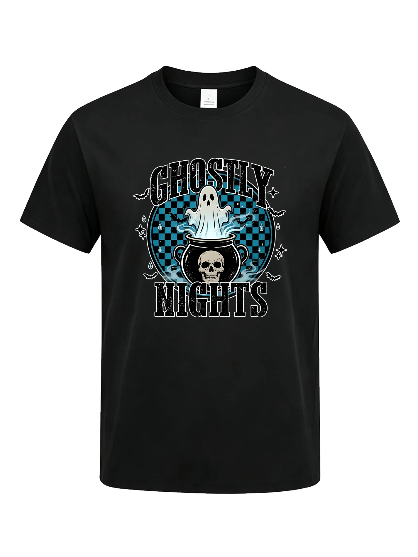 Ghostly Nights Halloween Graphic T-shirt for Men Women Ghost Cauldron Skull Bat Checkerboard Print Tee Casual Crew Neck Short Sleeve Halloween Party Tops