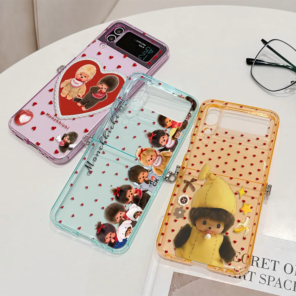 Ins Cute M-Monchhichis Metal Connector Phone Case for Samsung Galaxy Z Flip3 Flip4 Flip5 Flip6 Flip7 Candy Color Soft TPU Cover