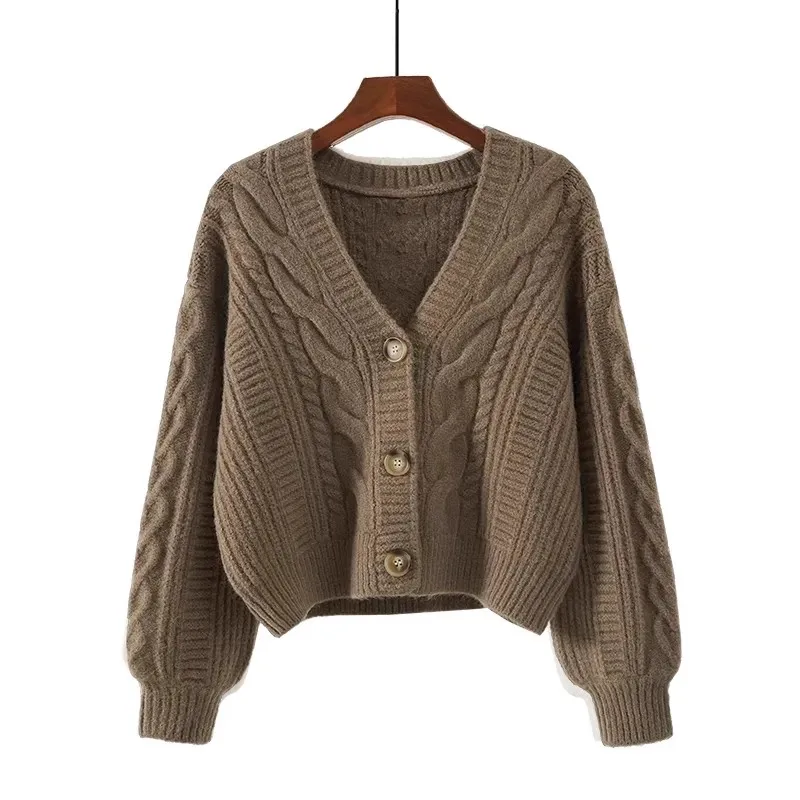 Nova moda outono e inverno roupas femininas novo decote em v lanterna manga camisola elegante casual único breasted cardigan jaqueta