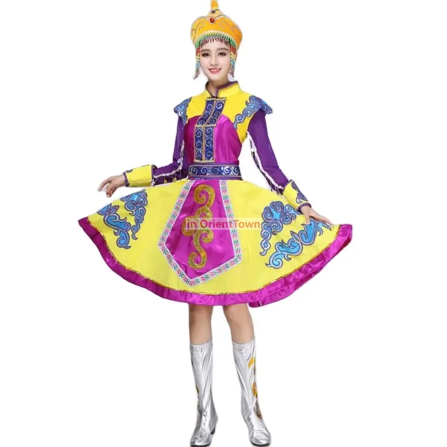 Traje de danza folclórica china, vestido dorado violeta, vestido étnico, ropa de danza mongol, ropa de escenario mongol para mujer
