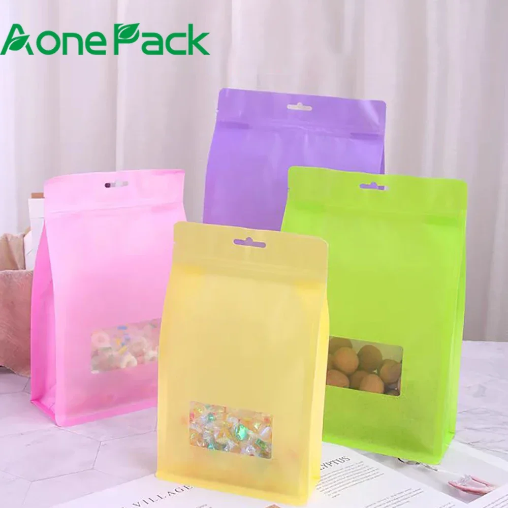 50pcs Matt Cotton Paper Ziplock Nut Food Packaging Bag Snack Biscuit Candy Coffee Pink Yellow Purple Storage Pouches with Window