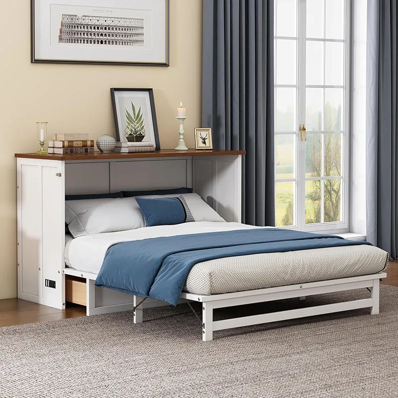 

Queen Size Bed Chest With Charging Station And Large Storage Drawer, Solid Pine Platform Bedframe, Foldable, For Home Small Room