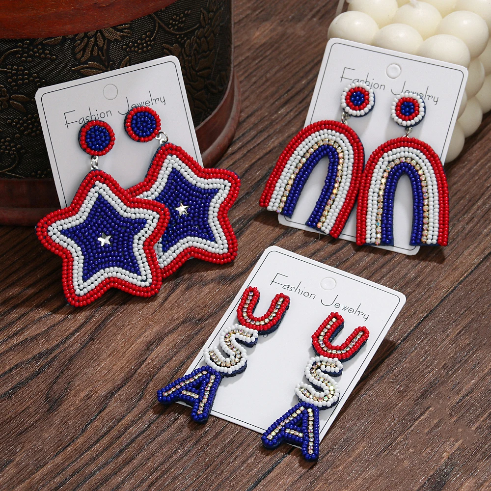 Independence Day Earrings Handmade Creative Pentagram Rainbow USA Letters Flag Personalized Bead Earrings