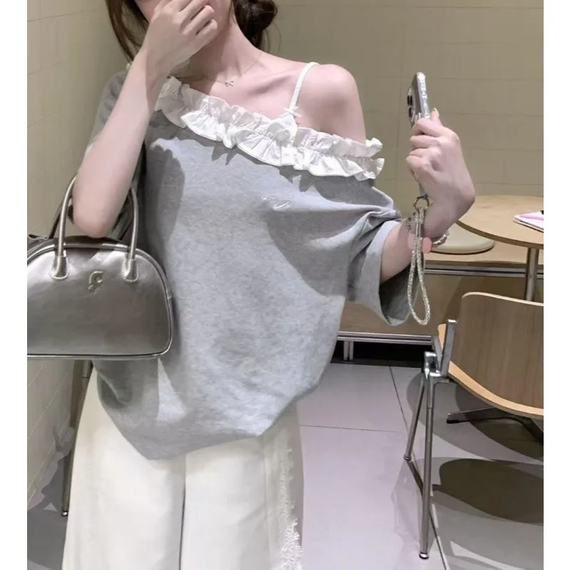 Lace Slanted Shoulder Korean Gentle Wind Short-sleeved T-shirt Women's INS Super Fire Slim Babe Top Embroidery