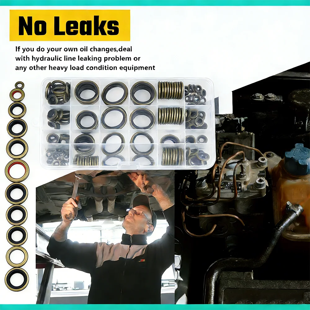 

Набор уплотнительных шайб из NBR с металлическим покрытием, 12 размеров, гидравлические, маслостойкие, резиновые прокладки для маслопроводов, метрические комбинированные уплотнительные кольца NBR с металлическим покрытием